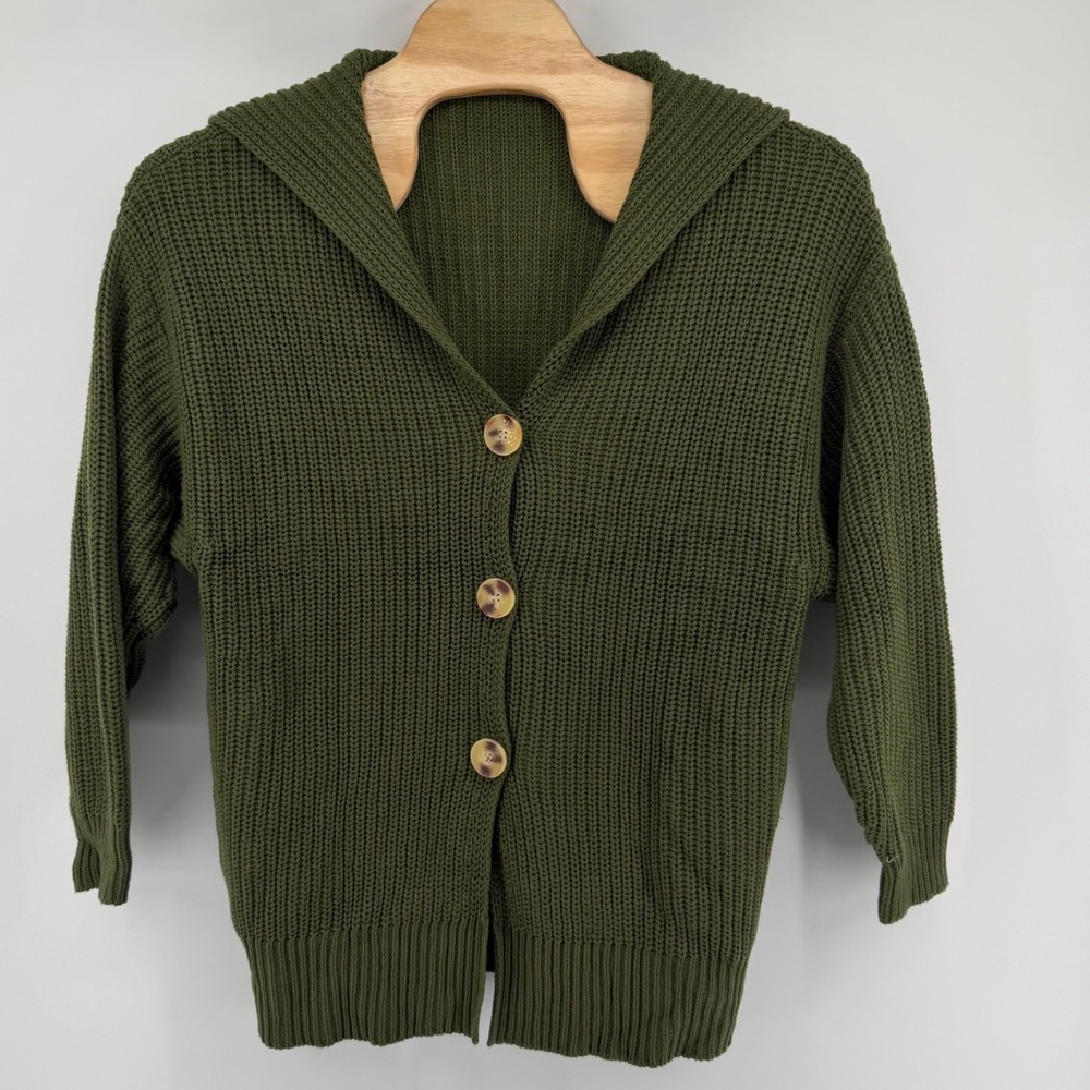 LILLUSORY Women Olive Green Cardigan Button Front Shaw collar Sweater Medium